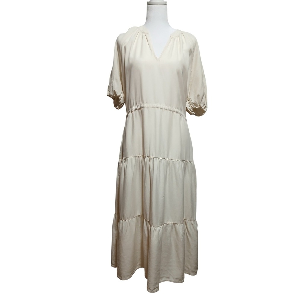 Velvet Heart Cream Tencel Tiered Midi Dress Puff Sleeve V-Neck Ivory Medium NEW
